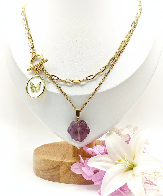 collier doré acier inoxydable fluorite