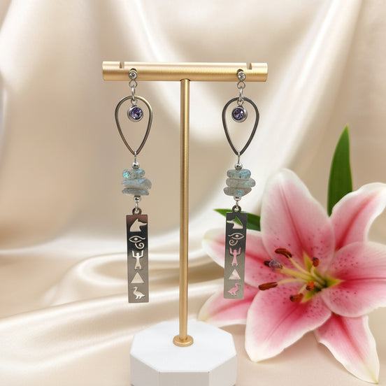 Boucles d’Oreilles Labradorite & Hiéroglyphes Bijou Symbolique Égypte Antique