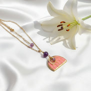 Collier doré, améthyste & arc en ciel polymère