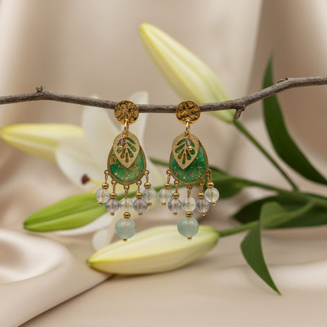 Boucles d’oreilles Vert Doré en Fluorite