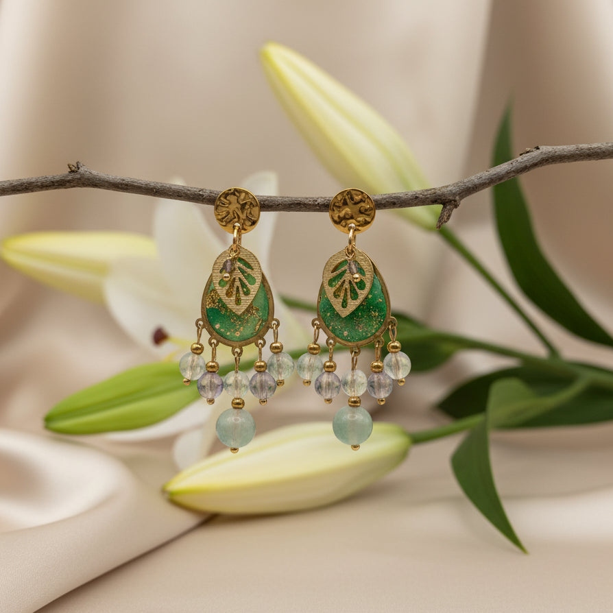 Boucles d’oreilles Vert Doré en Fluorite