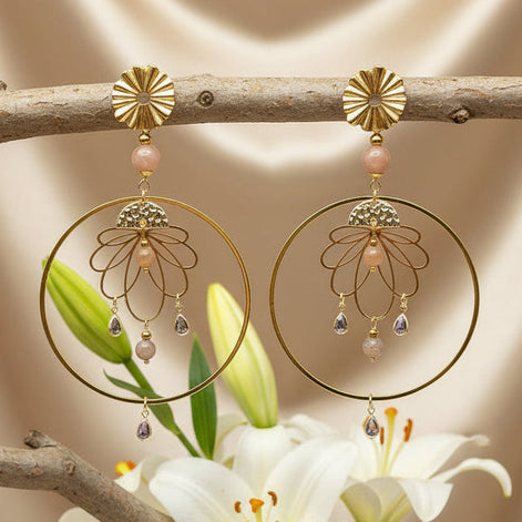 boucles doreilles creoles dorés 60mm pierre de lune