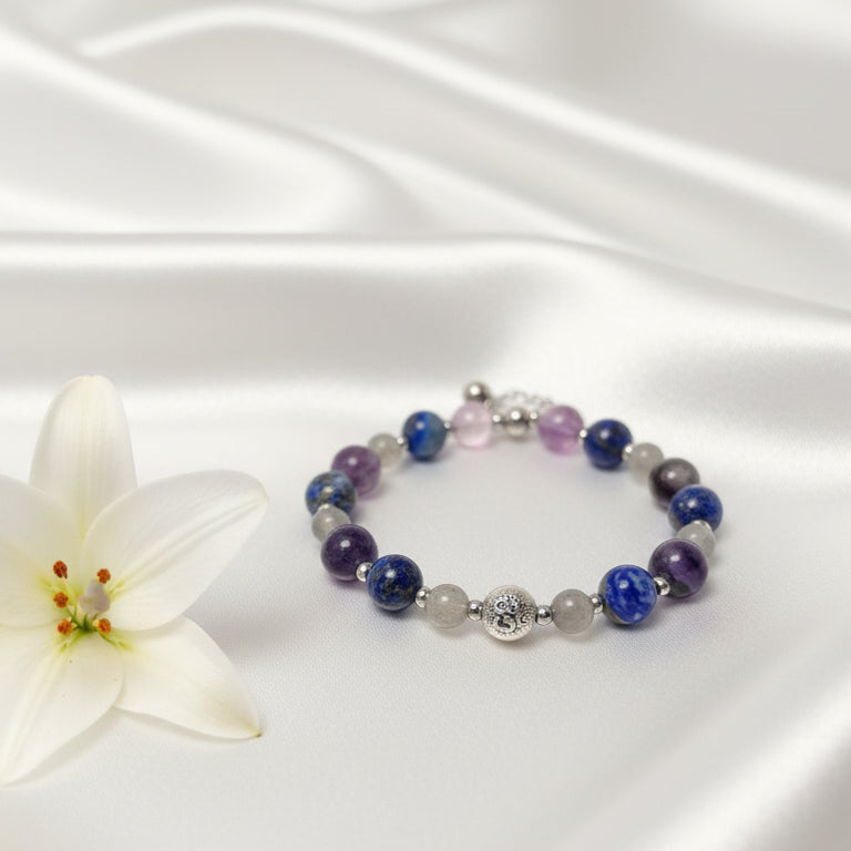 Bracelet éveil de conscience en pierre de Labradorite, fluorite et lapis lazuli, sur mesure