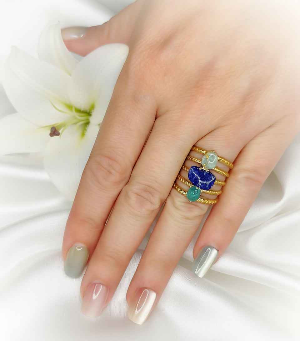 Bague doré en lapis lazuli amazonite, pièce unique
