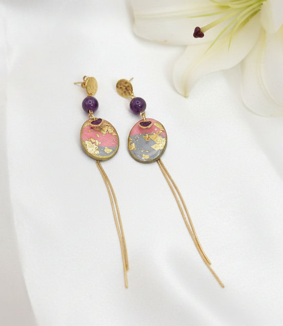 Boucles d'oreilles dorées, améthyste & polymère