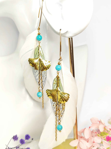 Boucles d'oreilles forêt enchantée, amazonite, plume blanche