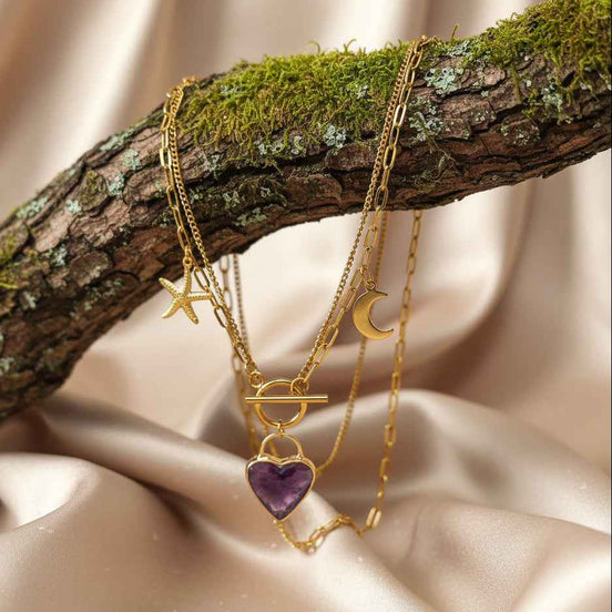 Double Collier coeur et son améthyste