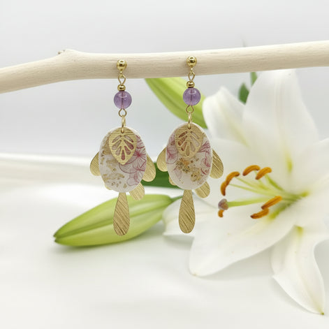 Collier, Boucles d'oreilles dorées, améthyste, polymère, acier inoxydable