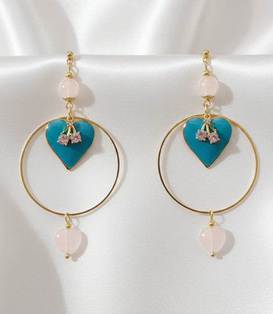 Boucles d'oreilles dorées coeur, quartz rose