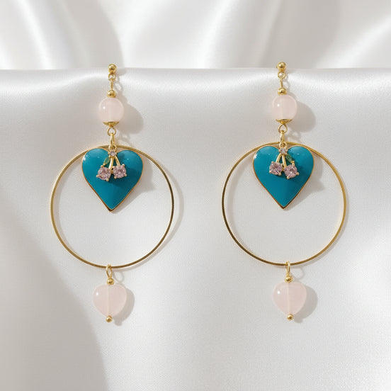 Boucles d'oreilles dorées coeur, quartz rose