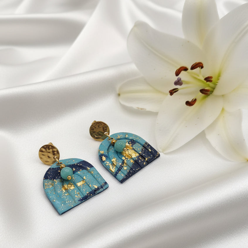 Boucles d’oreilles bleu et or, amazonite et polymère
