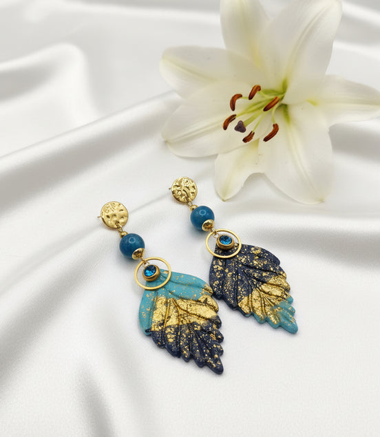 Boucles d’oreilles en apatite bleue, polymère, acier inoxydable doré