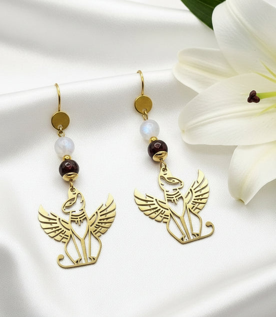 Boucles d'oreilles Passion intuition Bastet grenat, pierre de lune