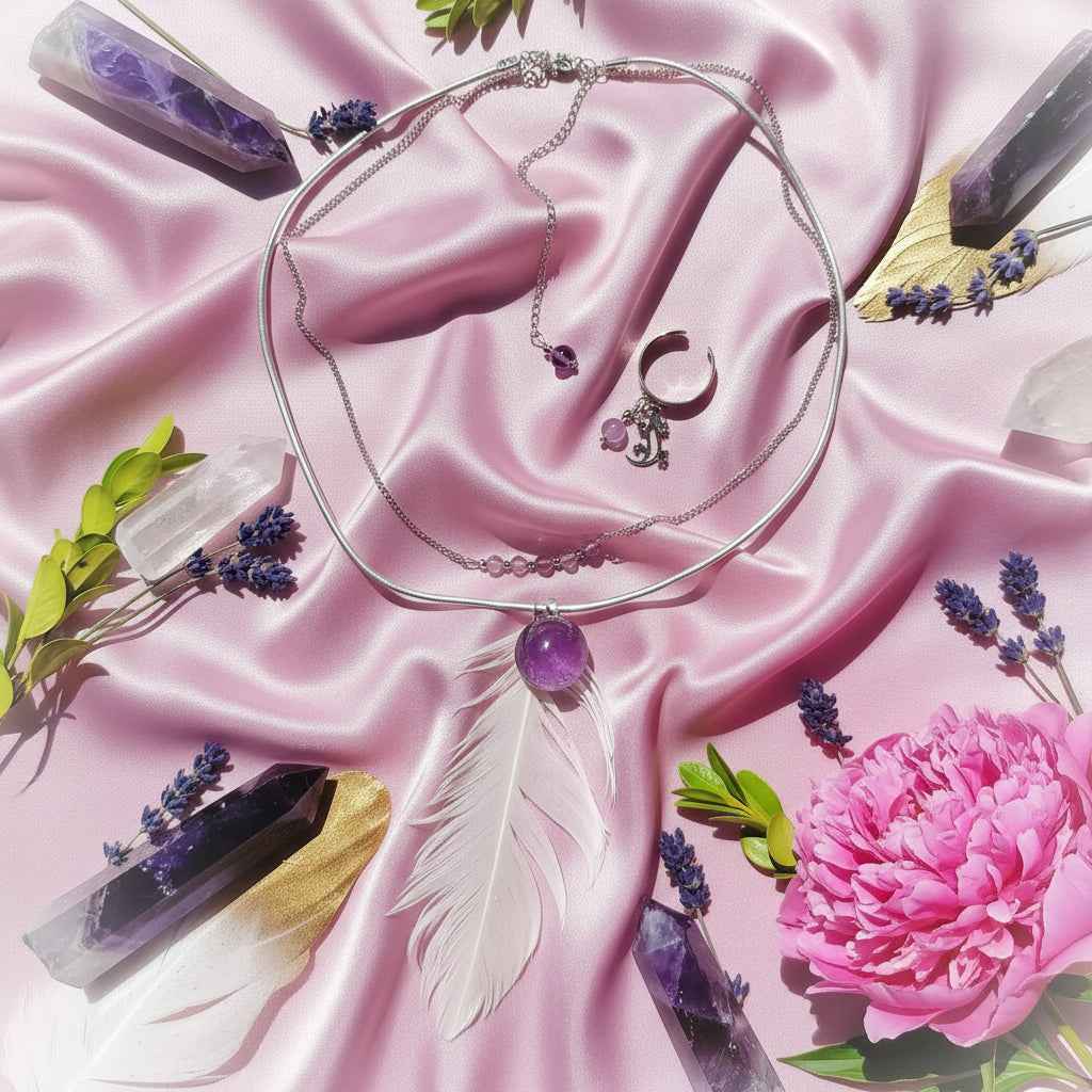 Collier en améthyste et plume céleste