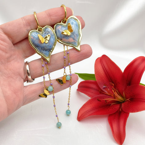 Boucles d'oreilles dorées Valentine coeur doré, quartz rose ou amazonite