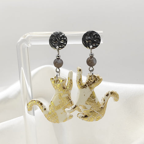 Boucles d'oreilles chat, pierre de lune, polymère
