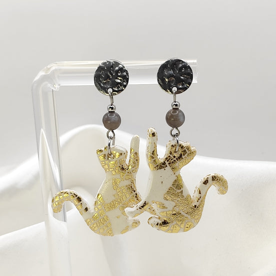 Boucles d'oreilles chat, pierre de lune, polymère