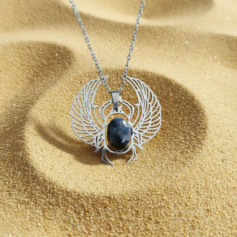Collier scarabée khépri et labradorite larvikite ou oeil de tigre