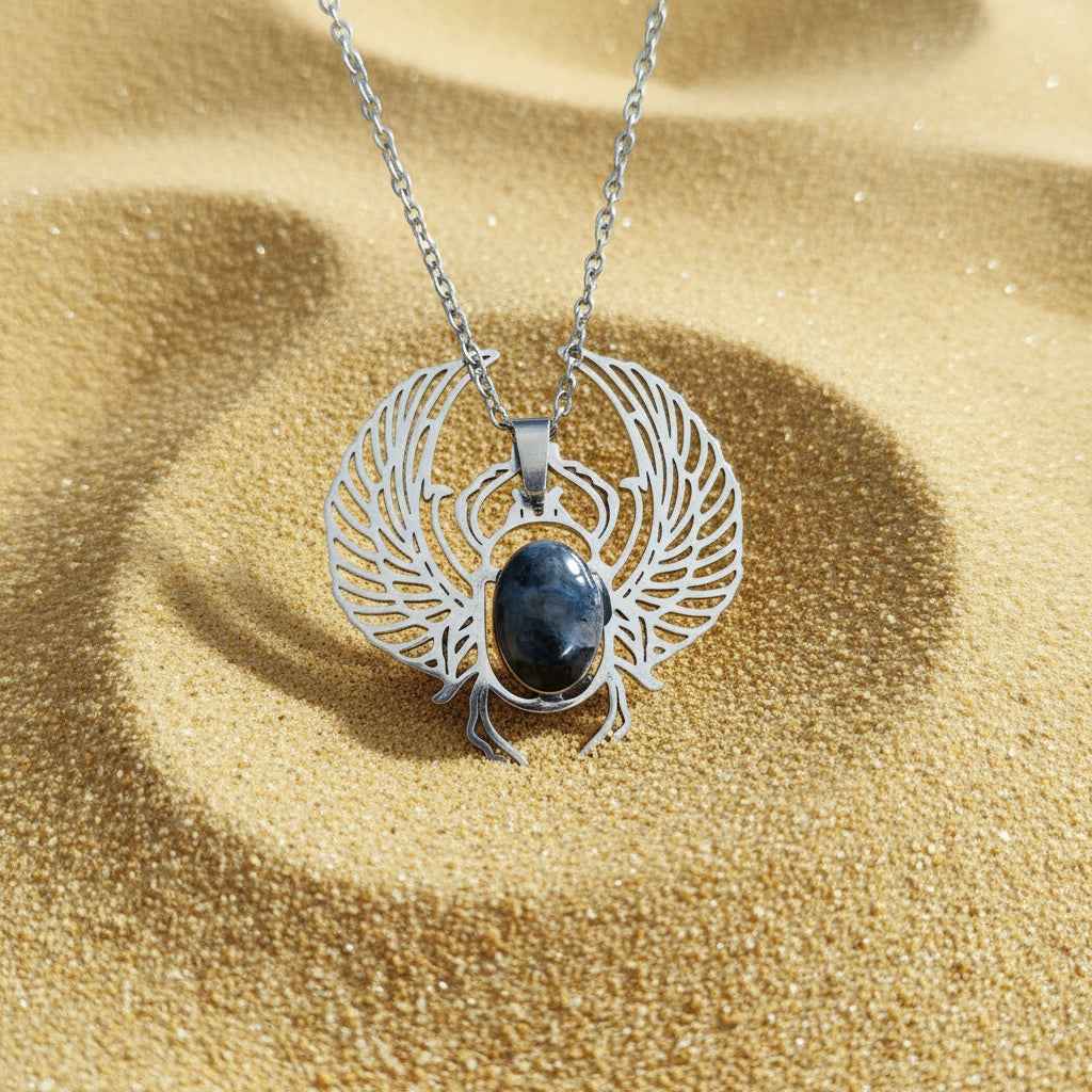 Collier scarabée khépri et labradorite larvikite ou oeil de tigre