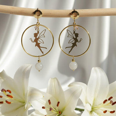 Boucles d'oreilles dorées, fée, pierre de lune