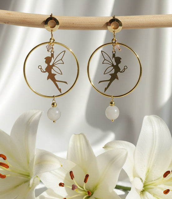 Boucles d'oreilles dorées, fée, pierre de lune
