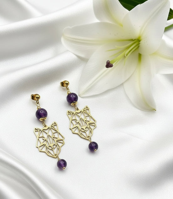 Boucles d'oreilles doré "Esprit du Loup"Merlinite, améthyste, labradorite