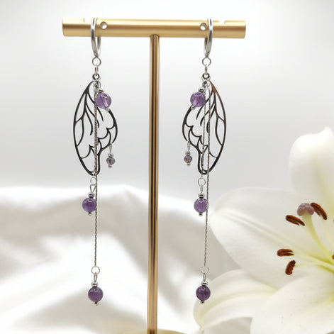 Boucles d'oreilles argentées féérique en Améthyste