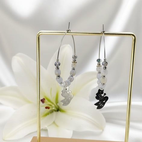 Boucles d'oreilles créoles sirène argenté en labradorite ou calcédoine bleu