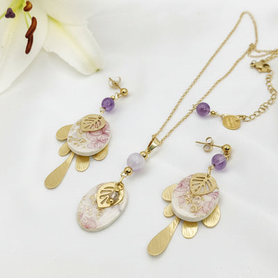 Collier, Boucles d'oreilles dorées, améthyste, polymère, acier inoxydable