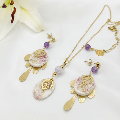 Collier, Boucles d'oreilles dorées, améthyste, polymère, acier inoxydable