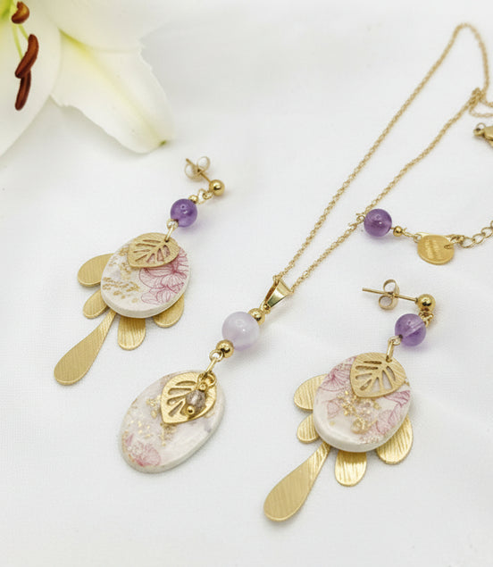 Collier, Boucles d'oreilles dorées, améthyste, polymère, acier inoxydable