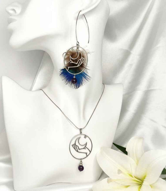 Collier "intuition lunaire" améthyste et plume de paon