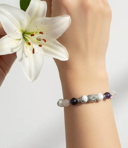Bracelet bouddha paix intérieure améthyste howlite quartz rose