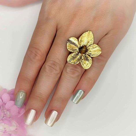 Bague ajustable en oeil de tigre et acier inoxydable