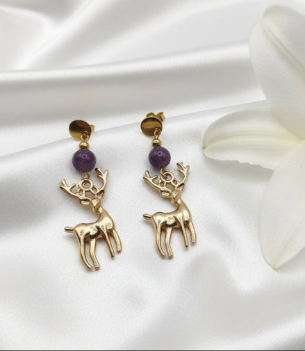 Boucles d'oreilles Cerf en labradorite, améthyste