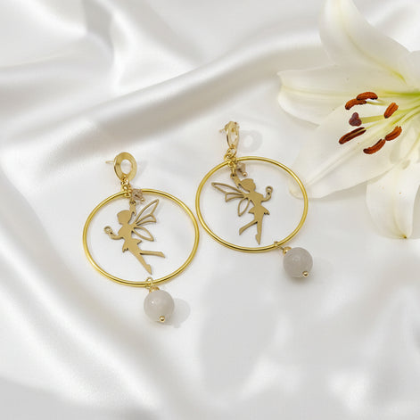 Boucles d'oreilles dorées fée pierre de lune