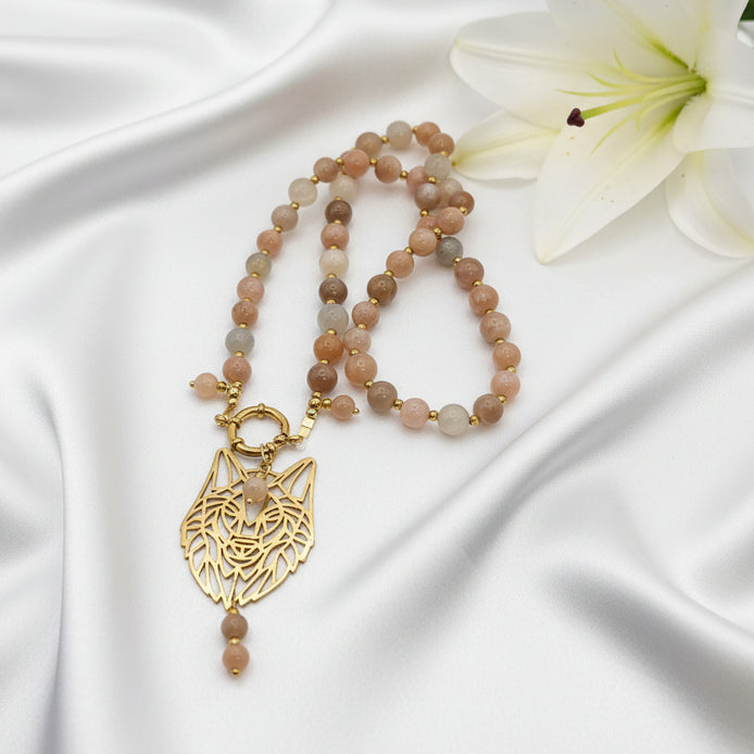 Collier de perles en Pierre de Lune Multicolore, Loup L’Instinct Sacré