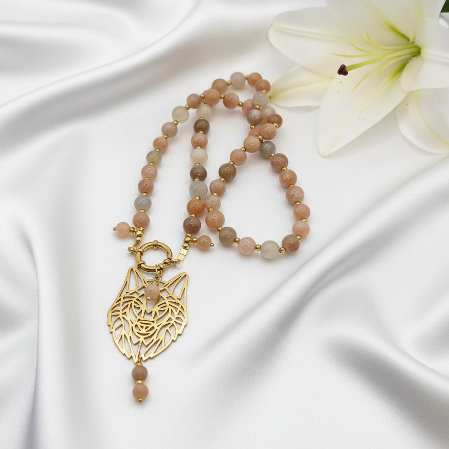 Collier de perles en Pierre de Lune Multicolore, Loup L’Instinct Sacré