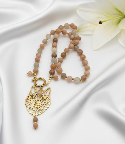 Collier de perles en Pierre de Lune Multicolore, Loup L’Instinct Sacré