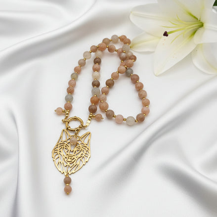 Collier de perles en Pierre de Lune Multicolore, Loup L’Instinct Sacré
