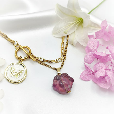 Collier doré "Amour de chat" en fluorite violette clair