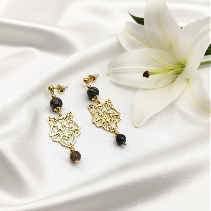 Boucles d'oreilles doré "Esprit du Loup"Merlinite, améthyste, labradorite