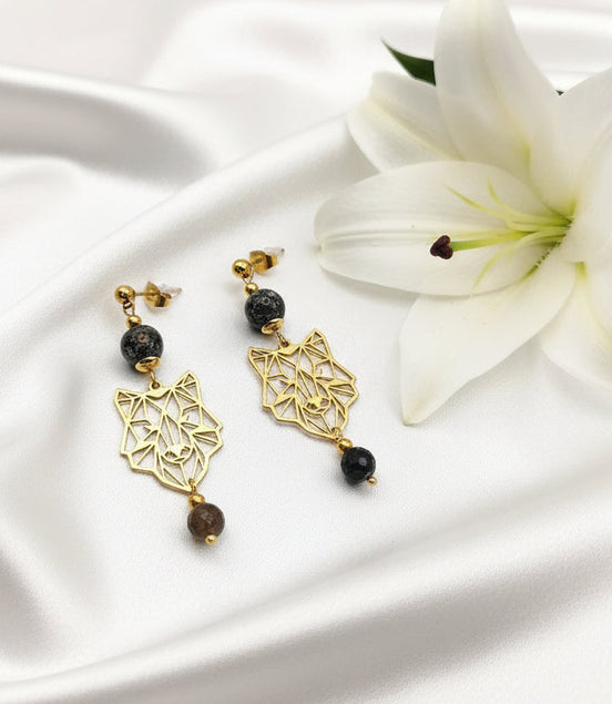 Boucles d'oreilles doré "Esprit du Loup"Merlinite, améthyste, labradorite