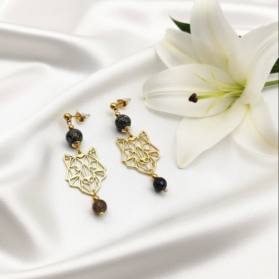 Boucles d'oreilles doré "Esprit du Loup"Merlinite, améthyste, labradorite
