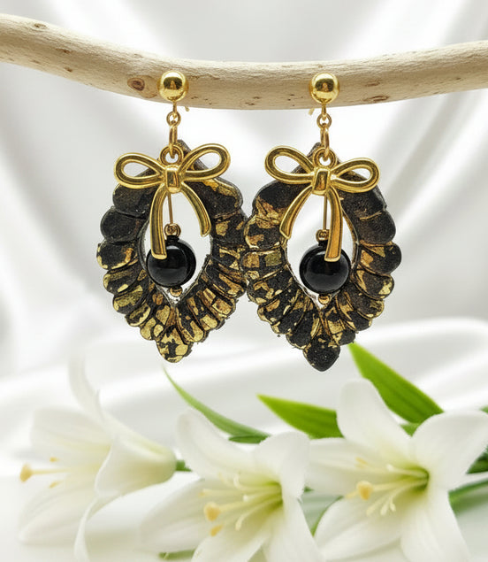 Boucles d'oreilles noire et or et tourmaline noire