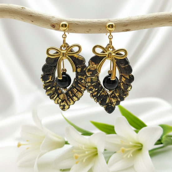 Boucles d'oreilles noire et or et tourmaline noire