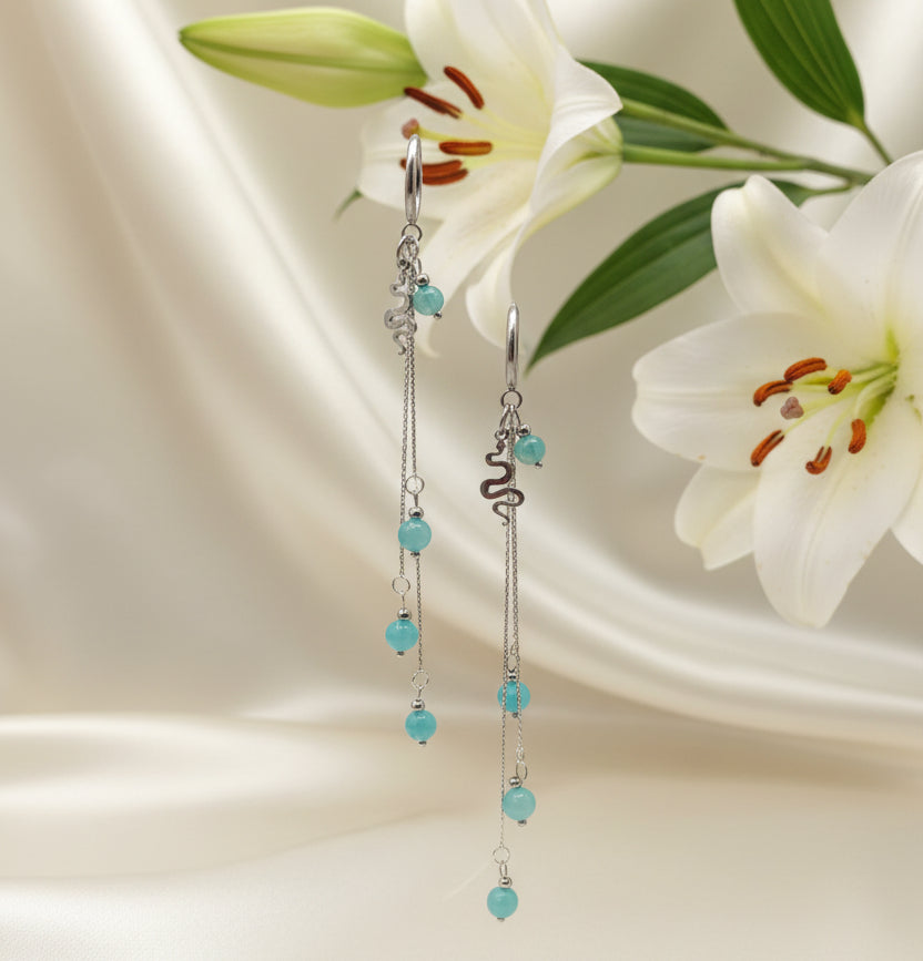 Boucles d'oreilles argentées en amazonite et serpent