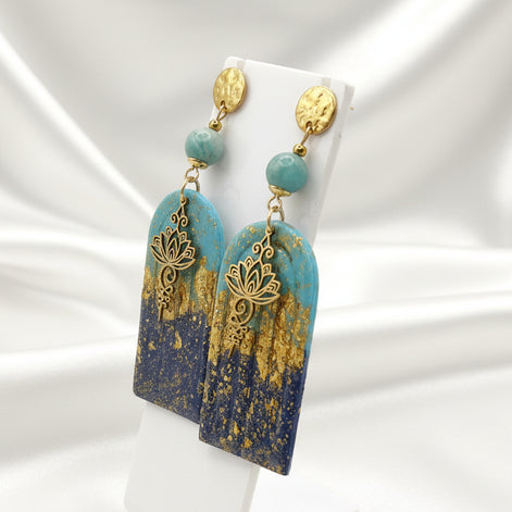 Boucles d’oreilles bleu et or, amazonite, unalome et polymère