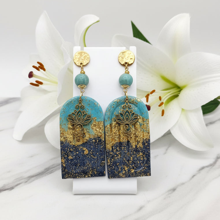 Boucles d’oreilles bleu et or, amazonite, unalome et polymère