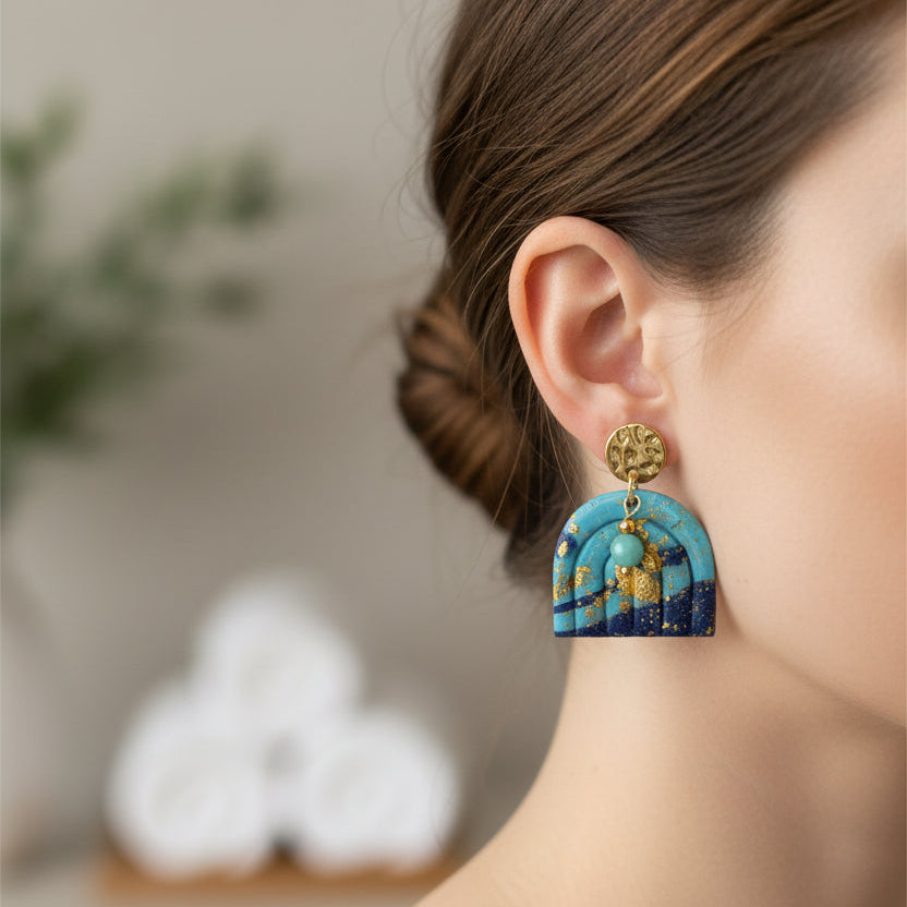 Boucles d’oreilles bleu et or, amazonite et polymère